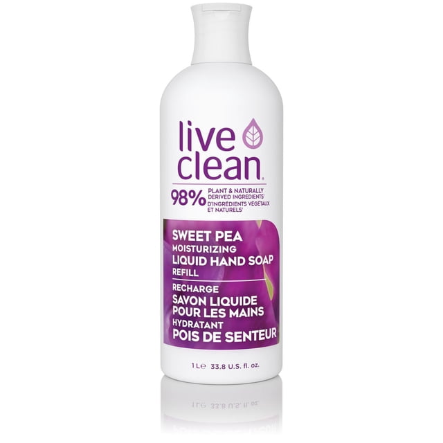 Live Clean Sweet Pea Moisturizing Liquid Hand Soap Refill in a white 1-liter bottle with purple label featuring 98% plant and naturally derived ingredients, vegan and cruelty-free, formulated for gentle moisturizing and cleansing with a sweet pea fragrance, suitable for daily hand care.