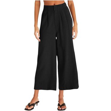 Admvng Pantalon pour Femmes Couleur Unie Coton et Lin Fermeture Éclair Taille Élastique Ample Décontracté Pantalon à Jambe Grand TP-3TG