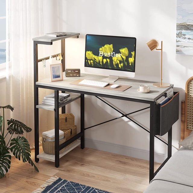 Bestier 44 inch Reversible Computer Desk with LED Lights Gaming Desk with 4 Tier Shelves Adults