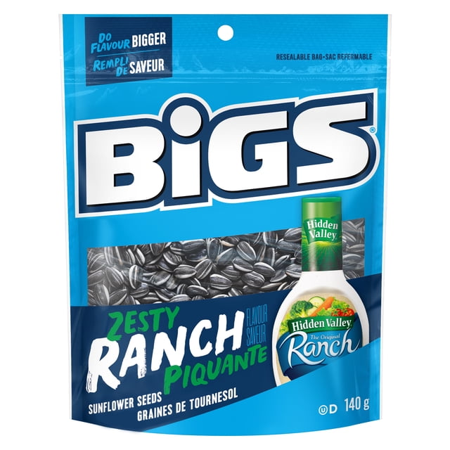 BiGS HIDDEN VALLEY Zesty Ranch Flavour Sunflower Seeds in a resealable blue bag with large white BiGS logo, clear window showing big striped sunflower seeds, and Hidden Valley Ranch dressing bottle image, 140 g, suitable for snacking or adding crunch to salads.
