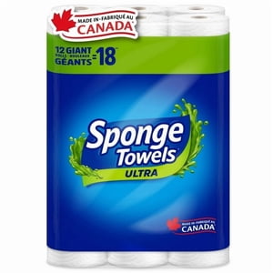 SpongeTowels Ultra Paper Towel, Double Sided Strength, 12 = 18 Regular Rolls