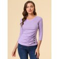 thumbnail image 4 of INSPIRE CHIC Women's Button Decor V Neck 3/4 Sleeve Solid Blouse Knitted Ruched Top, 4 of 6