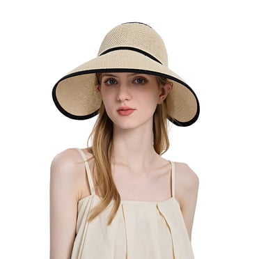FAIWAD Chapeau de Paille à Grand Bord pour Femmes Chapeau de Soleil Pliable Été Nœud Vide Ajustable Casquette de Plage