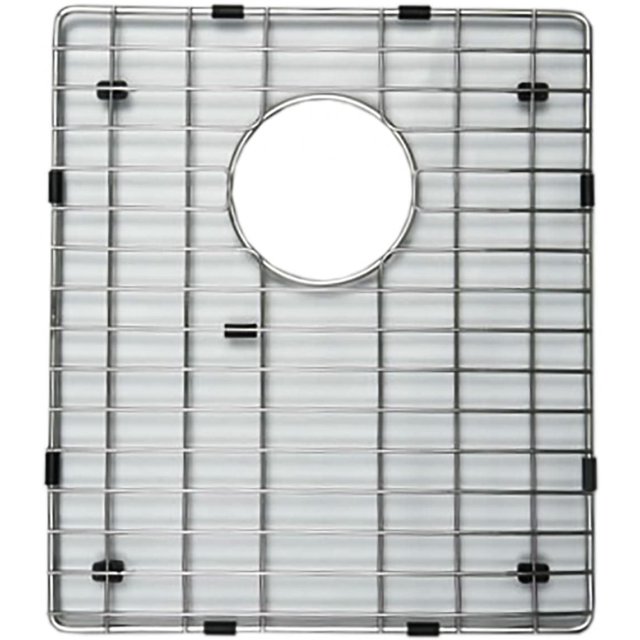 American Imaginations 18-in. W Laundry Sink Grid AI-34816, a rectangular stainless steel grid with chrome finish and black protective bumpers, designed for drop-in laundry sinks. It features a central circular cutout for drain access and helps protect sink surfaces from scratches, also suitable for organizing cleaning tools.