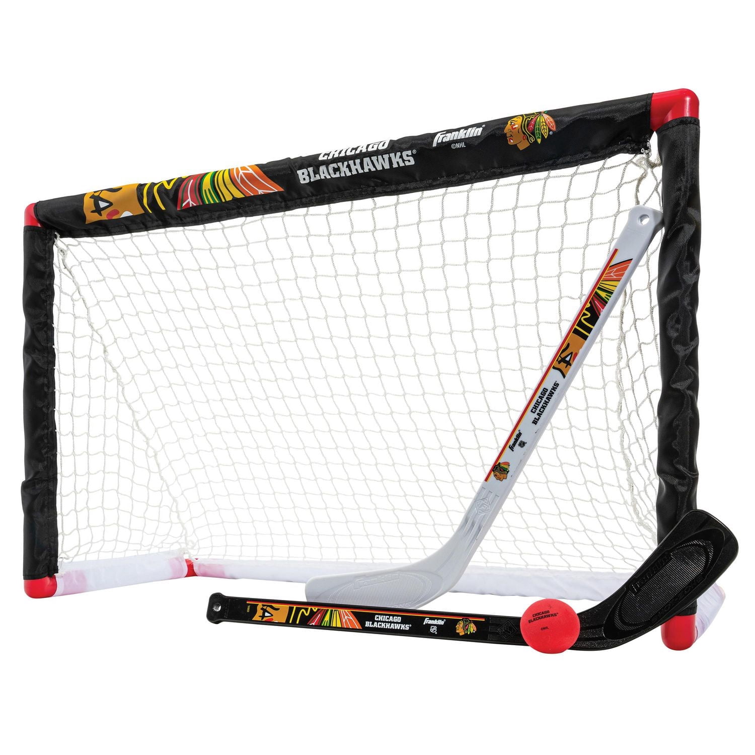 Franklin Sports Ensemble de mini hockey Blackhawks de la NHL – But de hockey intérieur pour enfants, ballon, 2 mini bâtons de hockey