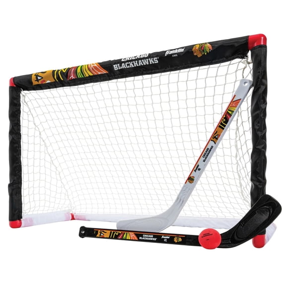 Franklin Sports Ensemble de mini hockey Blackhawks de la NHL – But de hockey intérieur pour enfants, ballon, 2 mini bâtons de hockey