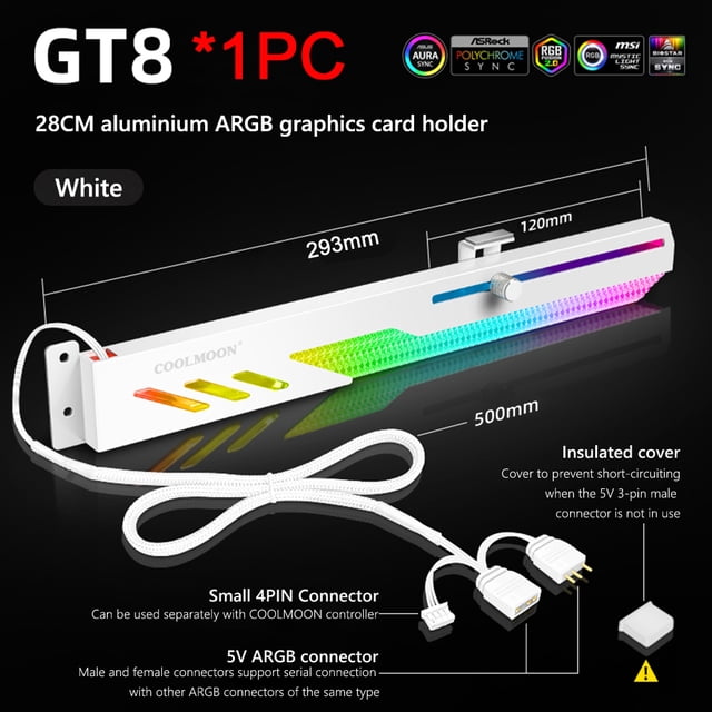 GT8 Horizontal GPU Support 5V ARGB Bracket Support Computer Video Card Stand GPU Holder PC Case Cooling Kit WHITE 1Pc
