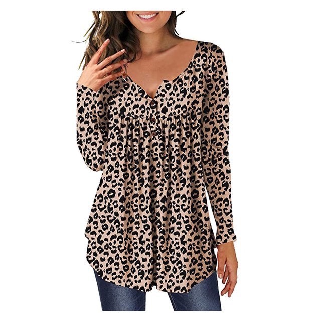 Qertyioot Hauts pour Femmes Blouse à Boutons Imprimée Manches Longues Décontractées (Sans Impression de Positionnement)