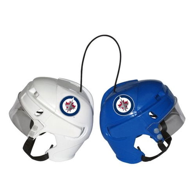 NHL Mini Helmets Winnipeg Jets set with two authentic replica mini helmets in home white and away blue colours, each featuring the Winnipeg Jets logo on the side, connected by a black strap, suitable for NHL fan collections or sports memorabilia display.