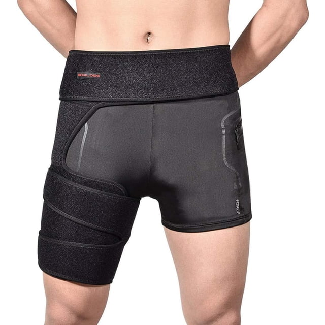 Hip Brace Sciatica Pain Relief Hip Support Brace by Yiailnter, shown on a person, featuring an adjustable design for targeted compression on the hip, thigh, and lower back. The black brace is breathable and durable, designed to aid recovery from groin, quad, hip, sciatica, and hamstring injuries. It provides firm support, increases blood flow, and reduces recovery time while keeping the user cool and comfortable.