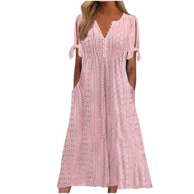 Admvng Robes pour Femmes Mode Été Décontractée Col en V Manches Courtes Bouton Longue Robe P-3TG