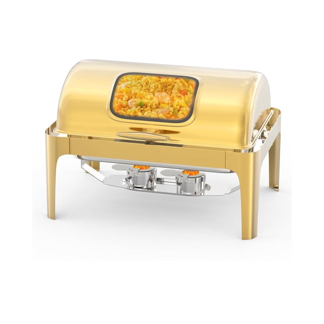 AKDSteel 9QT Roll Top Chafing Dish Buffet Set, Rectangular Stainless Steel Food Warmer with Glass Window & Hydraulic Cover, For Catering, Parties, Weddings