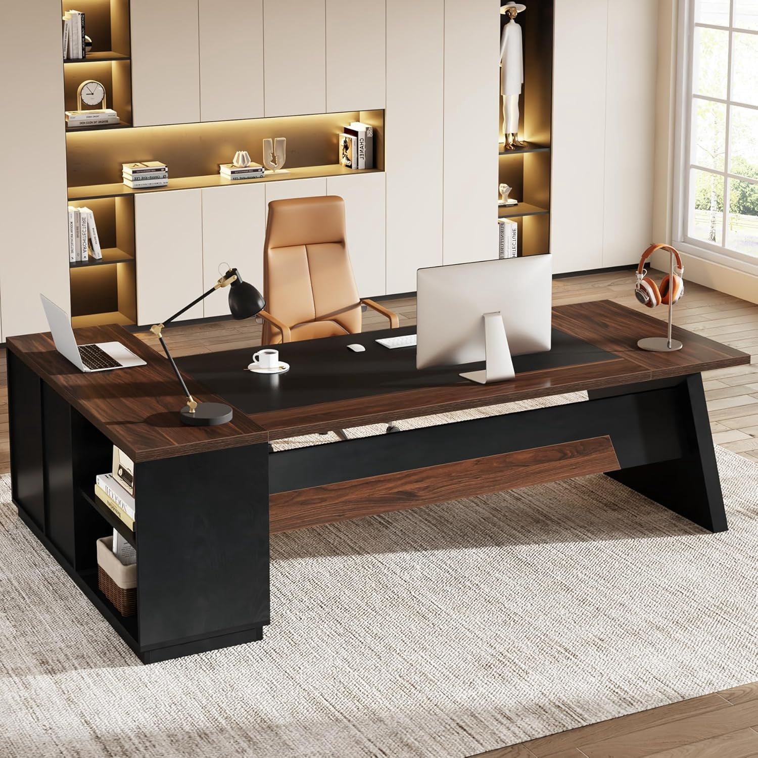 Tribesigns 78-Inch L-Shaped Executive Desk with Drawers & File Cabinet, Large Office Desk with Storage Shelves, Modern Computer Desk for Home Office(Walnut and Black)