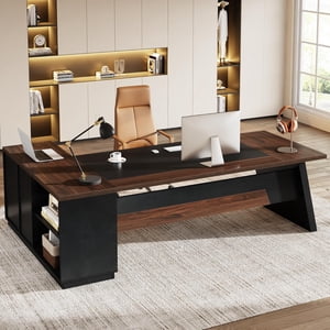 Tribesigns 78-Inch Bureau exécutif en L avec tiroirs & Cabinet de dossiers, grand bureau avec étagères de rangement, bureau informatique moderne pour le bureau à domicile (Walnut et noir)