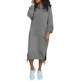 thumbnail image 1 of Women's Casual Loose Solid Color Drawstring Hoodie Fall Warm Fleece Sweatshirt Maxi Dress With Pocket, 1 of 5