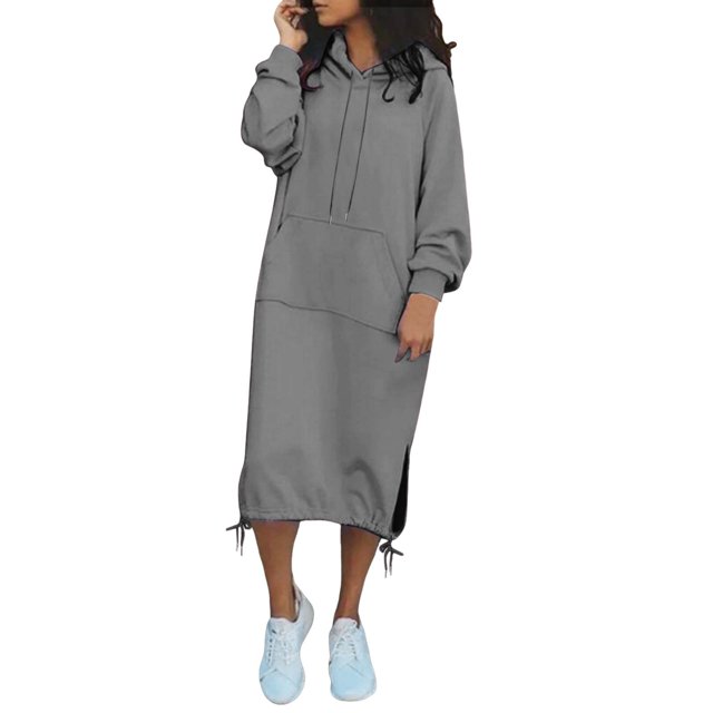 Women's Casual Loose Solid Color Drawstring Hoodie Fall Warm Fleece Sweatshirt Maxi Dress With Pocket