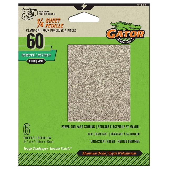 Gator Multi-Surface Clamp-On 1/4 Sanding Sheet - 60 Grit package with six 4.5 by 5.5 inch aluminum oxide sandpaper sheets designed for clamp-on palm sanders, suitable for sanding wood, metal, fiberglass, drywall, and painted surfaces with heat resistance and consistent finish.