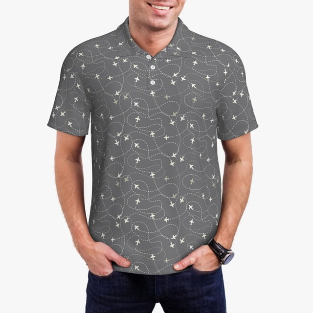 Xecao Airplane Routes Around The World Pattern Men’s Polo Shirt with Buttoned Collar Soft Breathable Casual Polo Shirt for Work, Leisure, and Outdoor Activities-Large