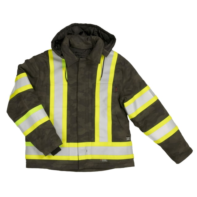 Camo Flex Duck Safety Jacket in dark camo Flex Duck fabric with durable water repellent finish, high-visibility yellow and 3M Scotchlite reflective stripes on front, sleeves, and waist, quilted 6 oz polyester insulation, storm flap with hook and loop closure over heavy-duty nylon zipper, knit storm cuffs, articulated sleeves, and quick-release hard hat hood, suitable for Canadian workwear needing warmth and enhanced visibility.