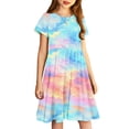 thumbnail image 3 of Robe Fille Été Patineuse Robe T-Shirt Teinture sur Nœuds Décontractée à Manches Courtes Robe Fluide pour Enfants 4-14 Ans, 3 of 6