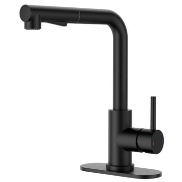 APPASO Matte Black Bar Sink Faucet with Pull Out Sprayer, Stainless Steel Single Handle Mini Prep Faucet for Kitchen, RV and Outdoor Sink, Deck Plate Included