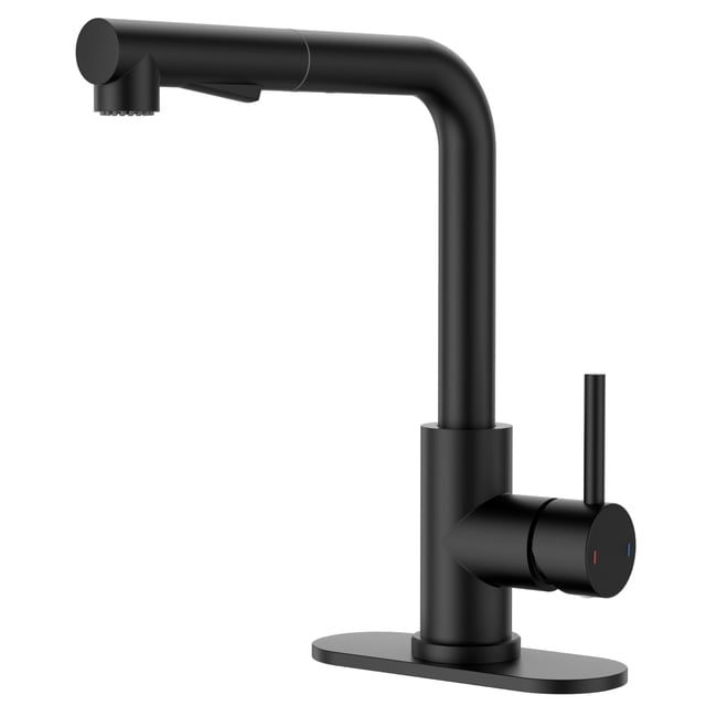 APPASO Matte Black Bar Sink Faucet with a modern single-handle design, made of 304 stainless steel with a matte black anti-fingerprint coating. Features a pull-out sprayer with a 20-inch range and dual water modes for aerated stream and powerful spray. The faucet has a 9.64-inch overall height, 7.9-inch spout height, and 6.5-inch spout reach. Includes a deck plate for 1-3 hole installation and is suitable for kitchen, bar, or RV use.
