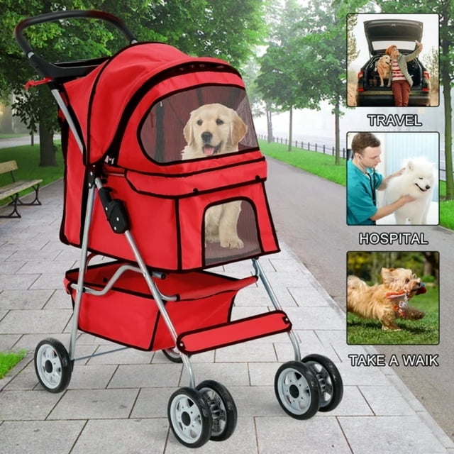 Poussette pour Animaux à 4 Roues, Poussette Pliable pour Chien, Poussette pour Chat avec Panier de Rangement et Doublure Amovible, Chariot de Transport Pliable Léger pour Promenade pour Chiens et Chats, Rouge