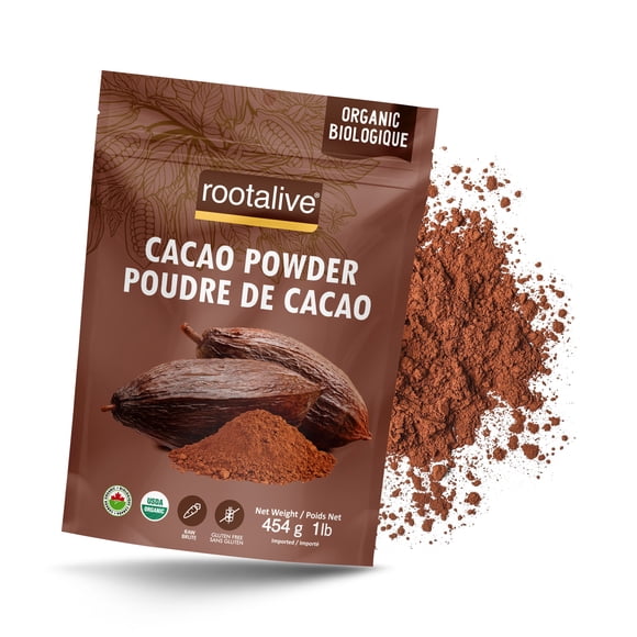 Rootalive Organic Raw Cacao Powder, Premium , Unroasted , Unsweetened in a Resealable Bag, Vegetarian and Gluten-Free, 454g (1Lb)