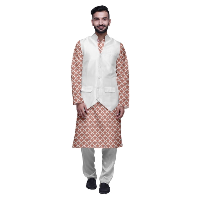 Atasi Traditional Printed Kurta Churidar Pajama Set With Nehru Jacket For Men