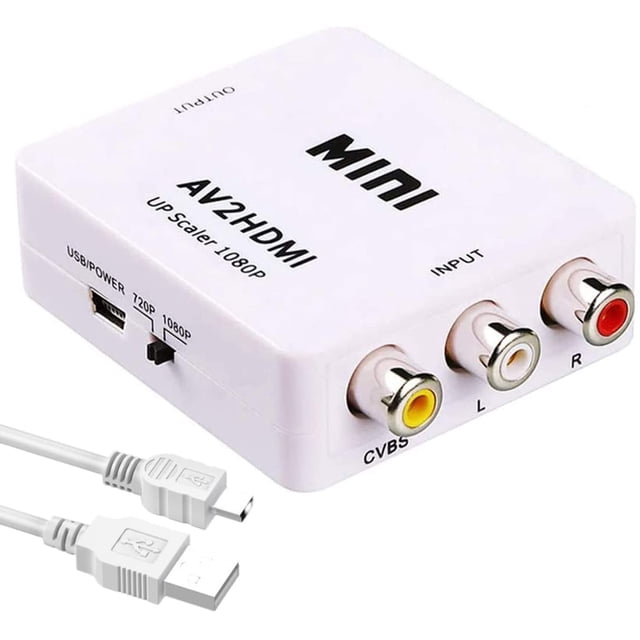 Supershield RCA AV Audio Video Composite to HDMI 1080P Converter with Power Adapter in white. Designed for converting analog composite input to HDMI output, featuring three RCA input ports (yellow, white, red) and one HDMI output port. Includes USB power cable and supports 1080p/60Hz and 720p/60Hz HDMI output. Compact design measuring 66 x 55 x 20 mm, ideal for use with TVs, DVD recorders, and VHS players.