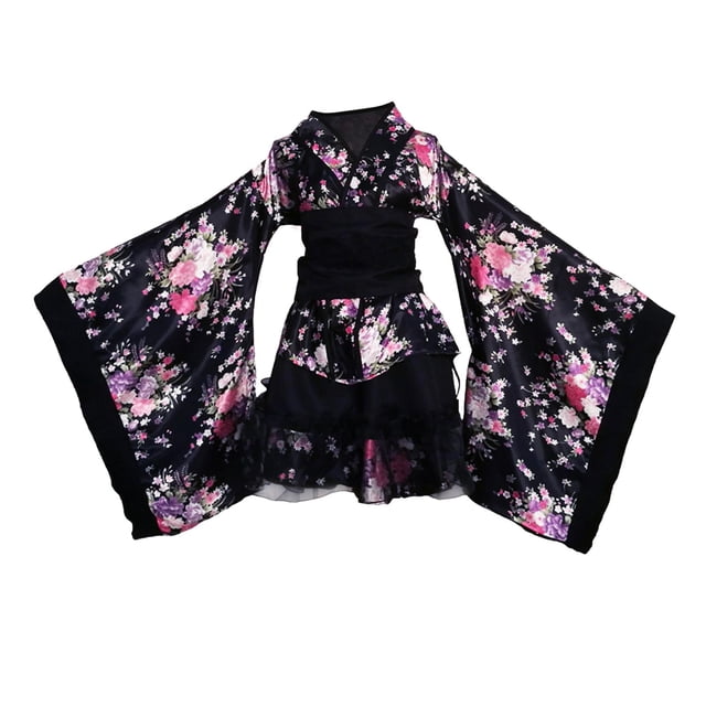 Esquirla Japanese Floral Short Kimono Robe in XXXL size, featuring a black base with vibrant pink and white blossom patterns. The traditional kimono design includes wide sleeves, a gathered tiered short skirt layered with soft gauze, and an elastic waist for easy wear. Made of lightweight polyester fabric, this robe is suitable for cosplay, theme parties, or casual loungewear.