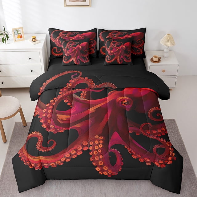 YST Red Octopus 7-Piece Comforter Set, Nautical Sea Animal Design, King