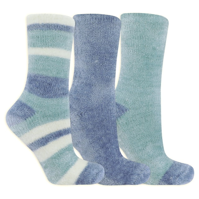 Soothing Spa Crew - 3 pairs Soft crew socks, 3-pair pack with moisturizing Vitamin E and lavender, knit plush texture, padded sole with non-slip grippers and antimicrobial odor control, often used as a compact travel foot warmer or for lounging.