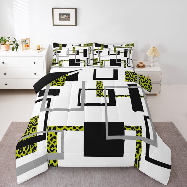 YST Couette Léopard Jaune Vert pour Jeunes, Literie à Rayures Géométriques Simple, Ensembles de Couette Noir Gris, Courtepointe Réversible Mi-Siècle avec 1 Taie d'Oreiller Légère