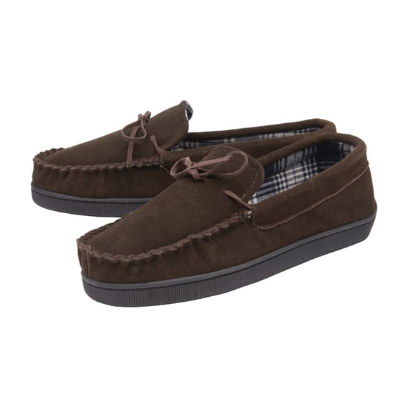Dunlop - Mens Suede Leather Faux Fur Lined Moccasin Slippers with Memory Foam & Rubber Sole