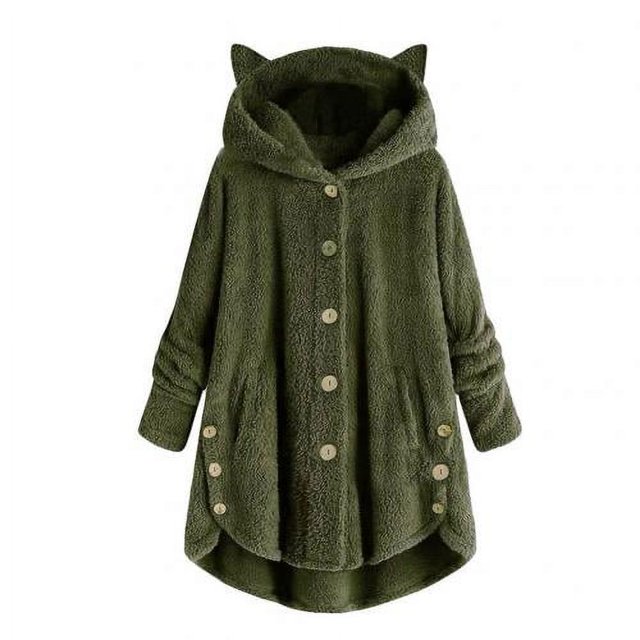 coat Winter Plus Velvet Sports Winter Cute Cats Ears Hooded Irregular Hem Buttons Jacket Fleece Coat - Army Green / L