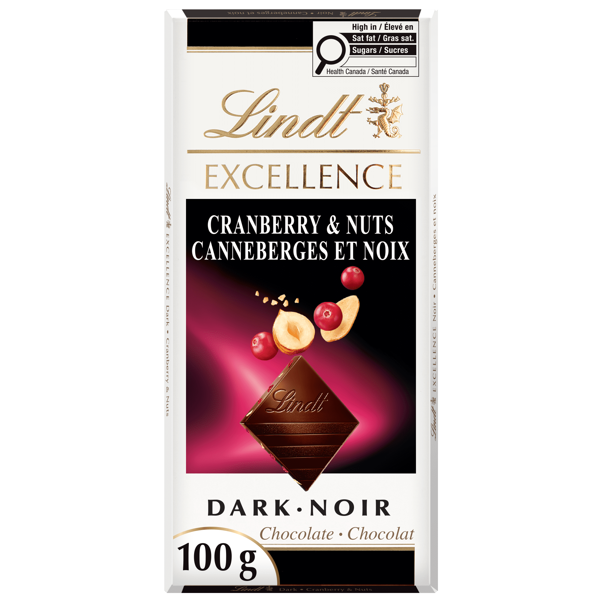 Chocolat noir Lindt EXCELLENCE avec canneberges et noix Barre, 100 g