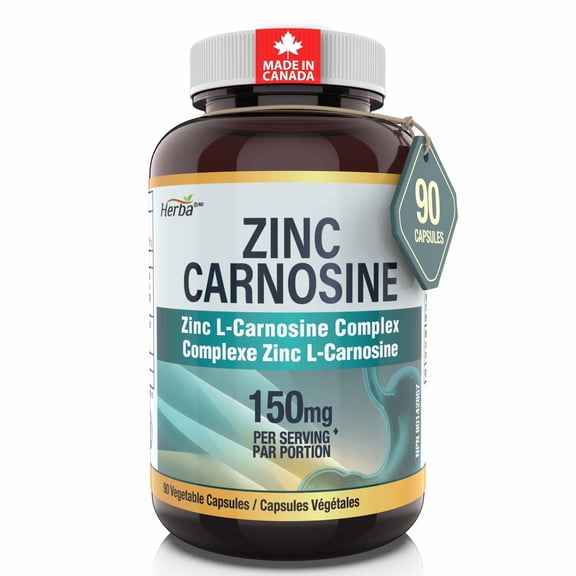 Herba Zinc Carnosine Supplement – 90 Capsules | 150mg Per Serving (75mg Per Capsules) | Made in Canada