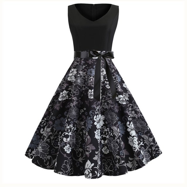 SMihono Robes Bohèmes d'Été pour Femmes Grande Taille, Mode Vintage à Imprimé, Col en V, Sans Manches, Robe Aguichant Évasée. Cette Robe d'Été Grande Taille Présente un Corsage Noir Sans Manches avec un Col en V et une Jupe Évasée Ornée d'Imprimés Floraux dans des Tons Blancs et Gris. une Ceinture en Ruban Satiné Rehausse la Taille, la Rendant Idéale pour les occasions Décontractées, de Fête Ou de Plage. Parfaite pour la Mode d'Été et le Style Grande Taille.