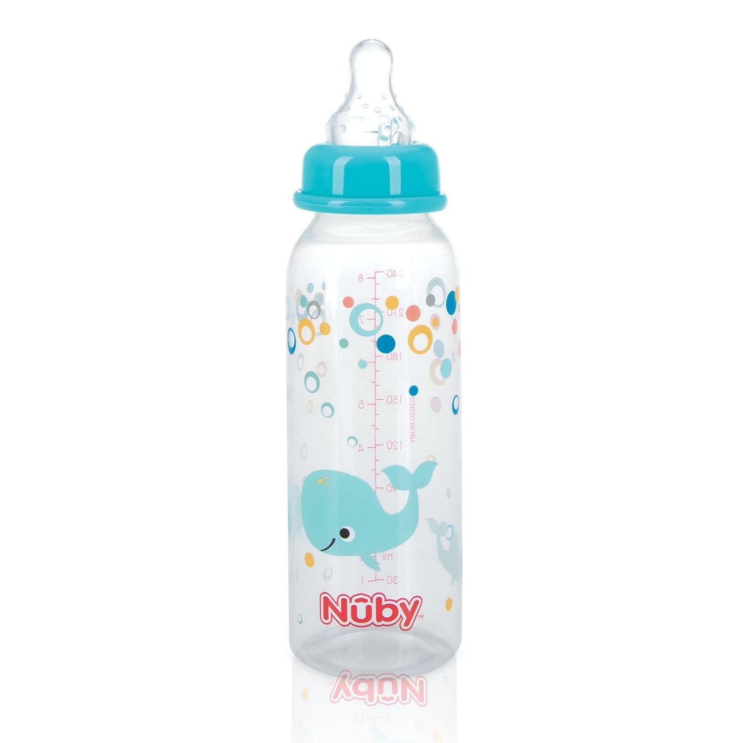 Nûby Standard Neck Printed Plastic Infant Bottles with Soft Silicone Non-Drip Nipple 8 oz