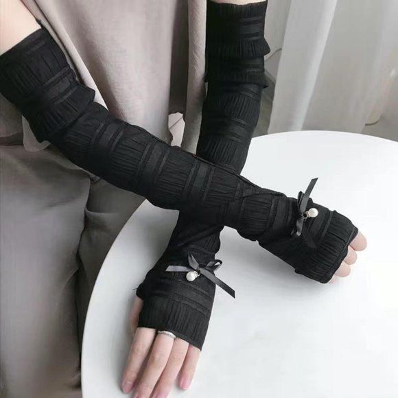 Outoloxit Ice Silk Long Arm Sleeves Bow Pearl Fingerless Arm Covers for Women Driving Gardening Breathable Sun Protection Summer