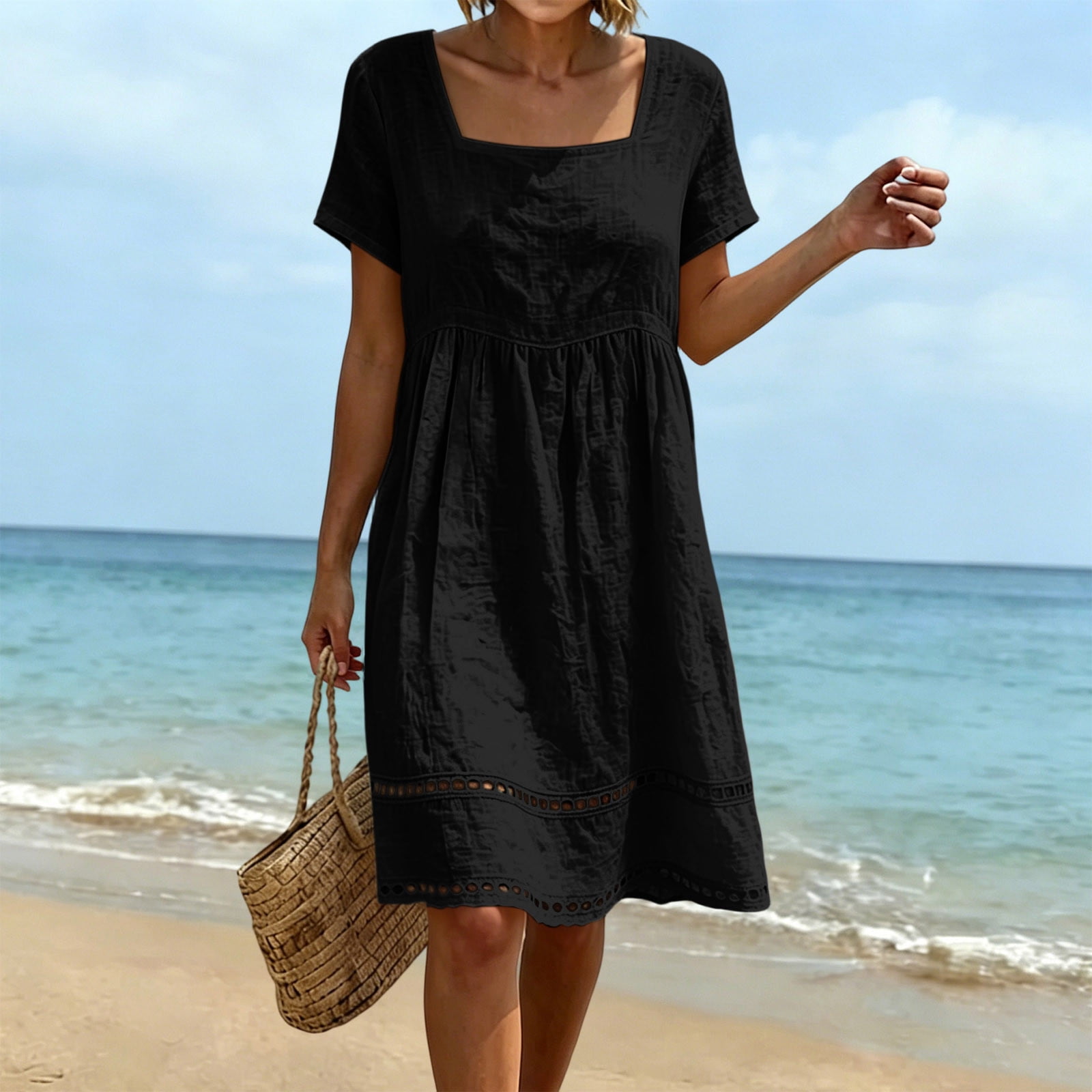 casual summer dresses for women over 40 pstuiky Dresses, Women's Summer Dress Short Sleeve Linen Lace Patchwork Shift Dress Loose Fit Tunic Top Beach Vacation Flowy Babydoll Midi Dress for Size:30E Shirt dress soft coral bridesmaid dress for beach wedding Tips for Wearing Casual