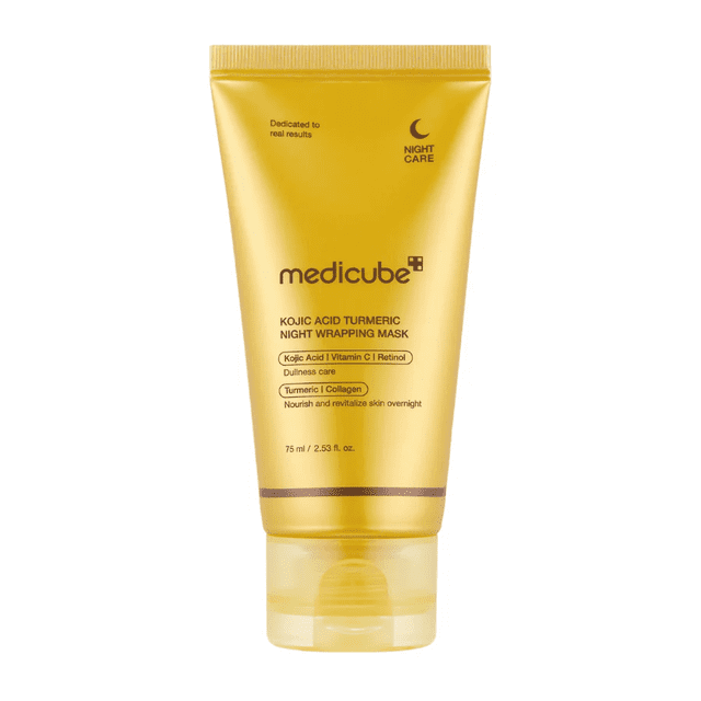 Medicube - Kojic Acid Turmeric Night Wrapping Mask (75ml) front-facing close-up of the labeled white jar and lid, showing a creamy amber-yellow product inside; label lists kojic acid, turmeric and hyaluronic acid. A night mask for overnight brightening and hydration, often used on dry patches and dark spots.