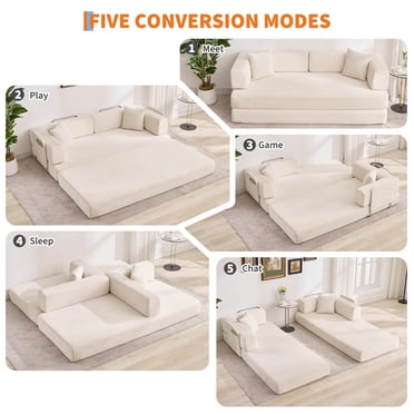 5-in-1 Convertible Corduroy Sofa Bed – 78.8" Oversized Sleeper Loveseat Futon Couch, No Assembly, Sturdy Frame, Pillows Included, Collapsible Floor Chaise Lounge for Living Room, Bedroom, Guest Room