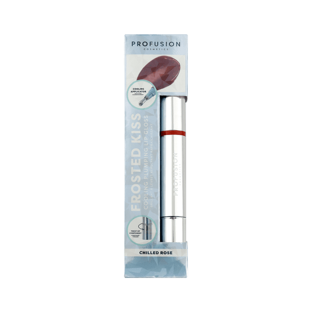 Frosted Kiss - Chilled rose cooling plumping lip gloss by Profusion Cosmetics in clear packaging with silver tube and red band, featuring a cooling aluminum applicator and twist-up component, delivering a hydrating, high-shine finish with a refreshing minty effect.