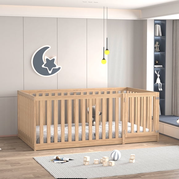 MIMI BEDS Lit au Sol Little Dreamer avec Garde-Corps, Cadre en Bois de Pin Massif, Twin, Naturel