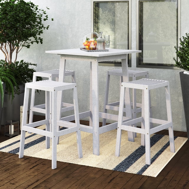 CorLiving Miramar 5-Piece Solid Wood Outdoor Bar Set with Slat Top Bar Table and 4 Backless Bar Stools, White