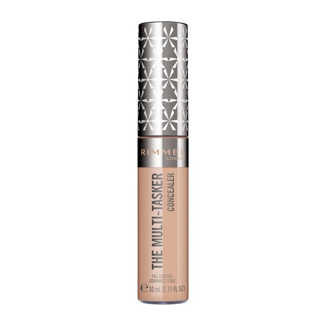Rimmel Multi-Tasker Concealer in a 10 ml tube with a large soft wand, full coverage beige liquid formula that conceals blemishes and brightens dark circles, crease-proof, transfer-proof, and waterproof, with a silver cap featuring geometric star patterns.
