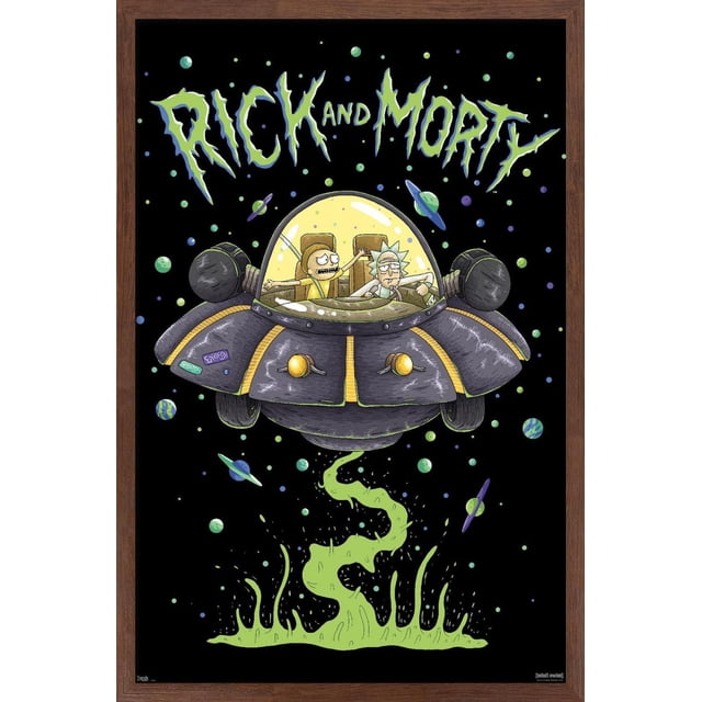 Rick And Morty - Ship Wall Poster, 22.375" x 34" depicting Rick and Morty inside a gray and yellow spaceship with a transparent dome, set against a black space background with colorful planets and green alien smoke below, printed on glossy poster paper by Trends International, suitable for decorating bedrooms, offices, or dorms.
