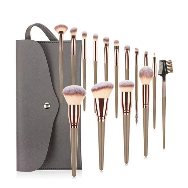15Pcs Professional Makeup Brushes Set Cosmetic Makeup Kit N0R7, a complete set of 15 champagne rose gold brushes with soft synthetic bristles and smooth plastic handles. Includes brushes for foundation, contouring, eyeshadow, and more, along with a compact grey storage bag. Perfect for makeup application and blending, suitable for beginners and professionals.